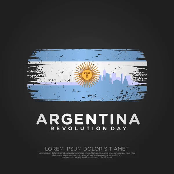 阿根廷革命日贺卡 带有怨恨和飞溅效果的国旗作为革命的象征和轮廓城市 矢量说明 — 图库矢量图片