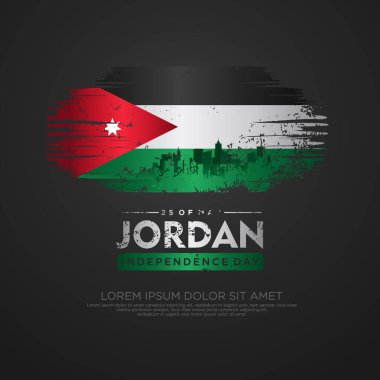 Jordan bağımsızlık günü tebrik kartı. Bağımsızlık ve siluet şehrinin sembolü olarak bayrak üzerinde grunge ve su damlası etkisi var. vektör illüstrasyonu