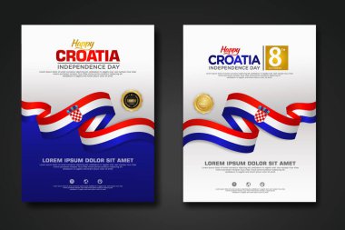 Poster tasarımı Hırvatistan 'ın zarif kurdele şekilli, altın halka kurdeleli Bağımsızlık Günü arkaplan şablonunu hazırlayın. vektör illüstrasyonu