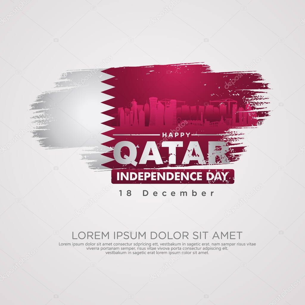 Qatar independence day greeting card, with grunge and splash effect on flag as a symbol of independence and silhouette city. vector illustration