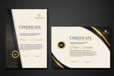 Gösteriş efektli lüks sertifika şablonu Dan 'in çerçeve arka planı, diploması, vektör illüstrasyon ve vektör lüks prim rozet tasarımında altın parlaklık çizgisi.