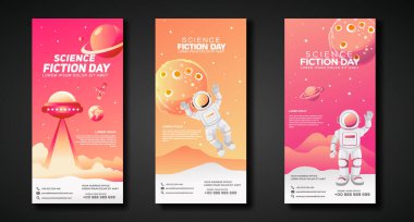 Ulusal Bilim Kurgu Günü için pankartlar tasarım şablonu. Bilim-Kurgu Kutlaması için bu büyüleyici vektör illüstrasyonuyla fütüristik görsellere dalın