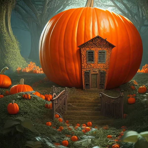 Cadılar Bayramı illüstrasyonu, küçük bir ev olarak dev turuncu bir balkabağı, etrafta bir sürü balkabağı, dijital sanat.