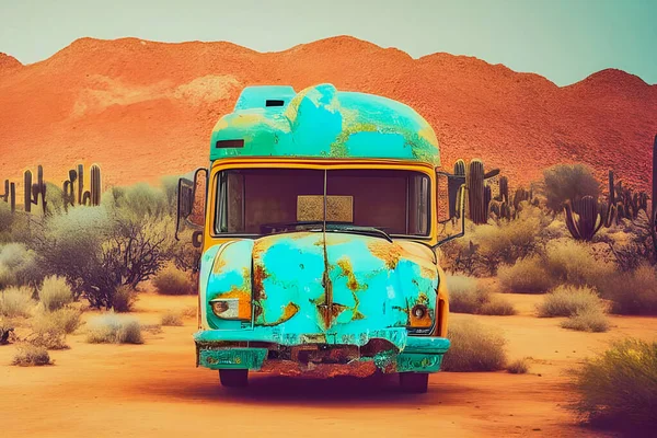 illustration of a turquoise bus standing destroyed in a desert orange landscape, digital art