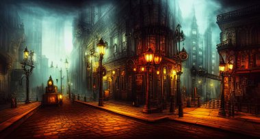 Steampunk şehir manzarası, aydınlatılmış binalar, sisli, dijital sanat