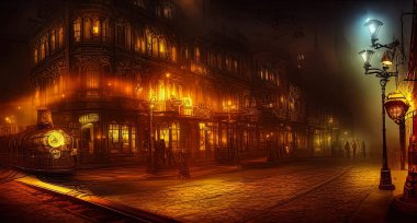 Steampunk şehir manzarası, aydınlatılmış binalar, sisli, dijital sanat