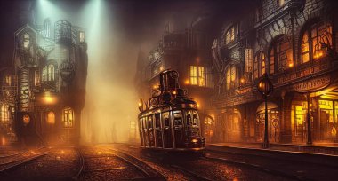 Steampunk şehir manzarası, aydınlatılmış binalar, sisli, dijital sanat