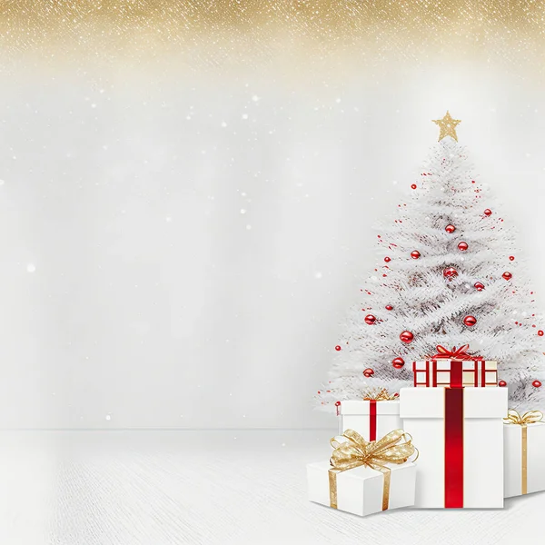 Ilustración Árbol Navidad Blanco Con Regalos Blancos Una Habitación Blanca — Foto de Stock