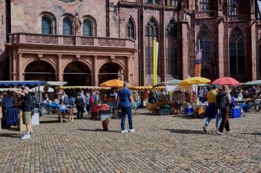 Freiburg, Almanya - Nisan 06, 2024: İnsanlar Freiburg Minster 'ın önündeki pazar meydanında alışveriş yapıyorlar