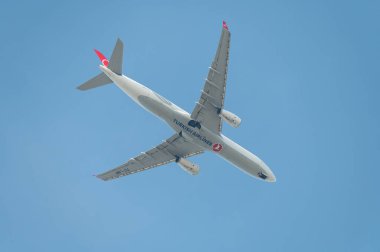 Mainz, Almanya - 31 Ağustos 2024: Türk Hava Yolları 'ndan Airbus A330, İstanbul' dan Frankfurt 'a gidiyor. M.