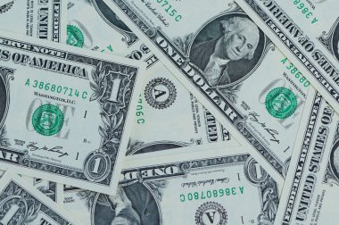 Çoklu dolar banknotları düz bir yüzeye yayılır. Karmaşık detaylarına dikkat çekerler..