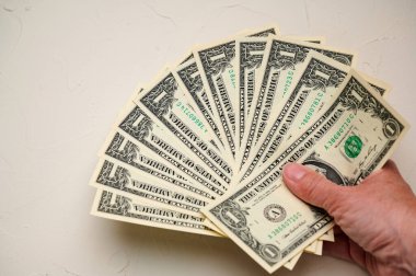Bir kişi, farklı değerleri gösteren bir Amerikan doları koleksiyonu tutuyor. Faturalar düzenli bir düzende, ayrıntıları vurgulanıyor..