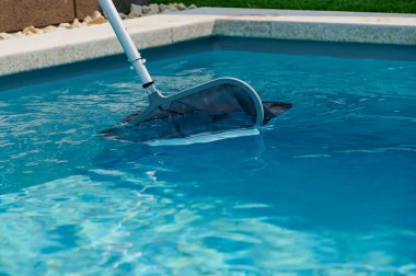 Bir havuz temizleyicisi arka bahçedeki havuzun köpüklü mavi suyundan enkazı aktif olarak kaldırıyor. Güneş, suyun ışıldaması gibi parlıyor. Huzurlu bir atmosferi yansıtıyor..