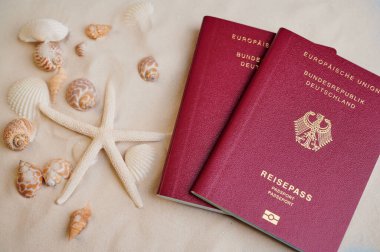 Mainz, Almanya - 09 Haziran 2025: Çeşitli deniz kabukları ve deniz yıldızlarının yanına yerleştirilen iki kırmızı Alman pasaportu macera ve keşifleri vurgulayan seyahat temalı bir düzenleme oluşturdu..