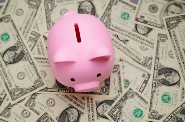 Birikimleri ve finansal yönetimi temsil eden bir yığın banknotun ortasına pembe bir kumbara yerleştiriliyor. Bu kurulum, bütçeleme ve tasarruf etmenin önemini vurgular.