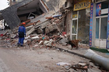 Antakya, Hatay, Türkiye - 12 Şubat 2023: Türkiye Depremi, Kahramanmaras, Gaziantep, Adana, Hatay, Adiyaman Şubat 2023, Deprem Sahneleri