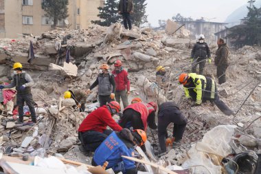 Antakya, Hatay, Türkiye - 13 Şubat 2023: Türkiye Depremi, Kahramanmaras, Gaziantep, Adana, Hatay, Adiyaman Şubat 2023, Deprem Sahneleri