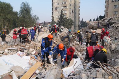 Antakya, Hatay, Türkiye - 13 Şubat 2023: Türkiye Depremi, Kahramanmaras, Gaziantep, Adana, Hatay, Adiyaman Şubat 2023, Deprem Sahneleri