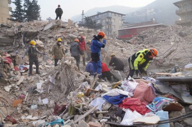 Antakya, Hatay, Türkiye - 13 Şubat 2023: Türkiye Depremi, Kahramanmaras, Gaziantep, Adana, Hatay, Adiyaman Şubat 2023, Deprem Sahneleri