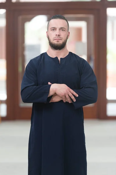 Young Muslim Man Making Traditional Prayer God Allah While Wearing — Stock Photo, Image