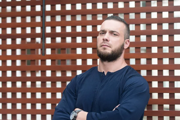 Portrait Adult Muslim Man Standing Outdoors Mosque While Wearing Traditional — Stock Photo, Image