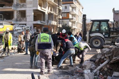 Antakya, Hatay, Türkiye - 14 Şubat 2023: Türkiye Depremi, Kahramanmaras, Gaziantep, Adana, Hatay, Adiyaman Şubat 2023, Deprem Sahneleri