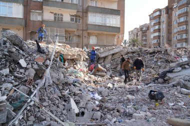 Antakya, Hatay, Türkiye - 14 Şubat 2023: Türkiye Depremi, Kahramanmaras, Gaziantep, Adana, Hatay, Adiyaman Şubat 2023, Deprem Sahneleri