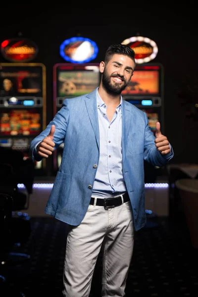 Portrait Young Beautiful Well Dressed Arabic Man Playing Casino Showing — Stock Photo, Image