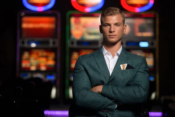 Portrait Young Beautiful Well Dressed Caucasian Man Playing Casino Celebrate — Stock Photo, Image