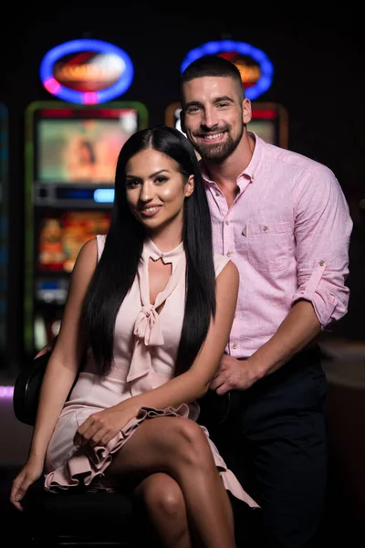 Portrait Young Beautiful Well Dressed Couple Playing Casino Celebrate — Stock Photo, Image