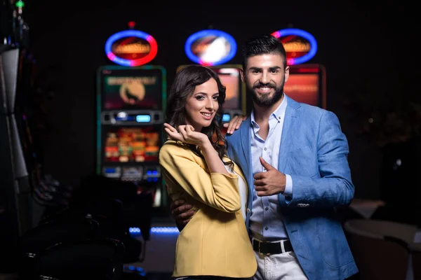 Portrait Young Beautiful Well Dressed Couple Playing Casino Celebrate Showing — Stock Photo, Image