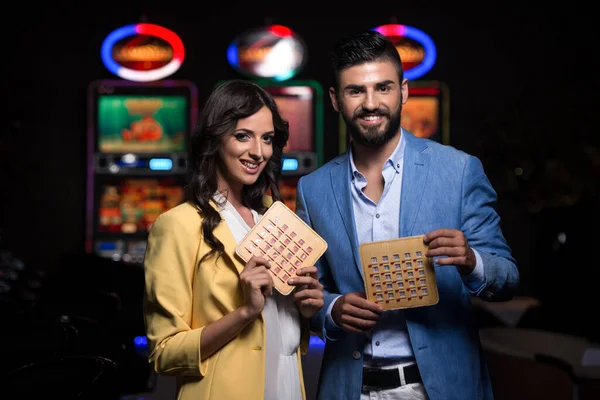 Portrait Young Beautiful Well Dressed Couple Playing Casino Celebrate Holding — Stock Photo, Image