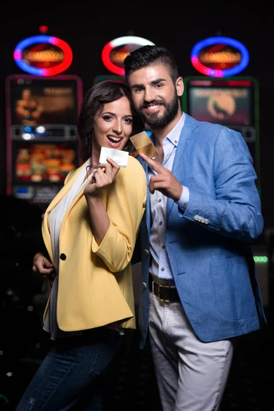 Portrait Young Beautiful Well Dressed Couple Playing Casino Celebrate Holding — Stock Photo, Image