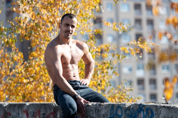 Portrét Mladého Fyzicky Fit Muž Ukazuje Své Dobře Vyškolené Tělo — Stock fotografie