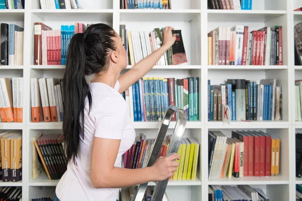 Piękna Kobieta Stojąca Bibliotece Drabinie Student Przygotowujący Egzamin Lekcje Bibliotece — Zdjęcie stockowe