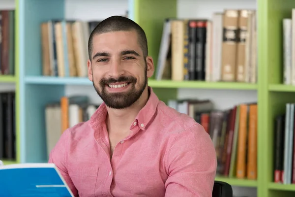 Handsome Male Student Books Working High School Library — Stock Photo, Image