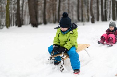 İki Sevimli Genç Kardeş Güzel Kış Parkı 'nda Sledge' da Birlikte Eğleniyorlar