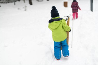 İki Sevimli Genç Kardeş Güzel Kış Parkı 'nda Sledge' da Birlikte Eğleniyorlar