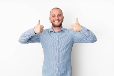 Man in a Striped Blue Shirt Grinning and Showing Thumbs Up clipart