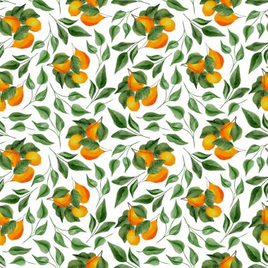 Yeşil Su Boyası Yapraklı Sarı Limon Meyvesi Kumaş Tekstil veya Duvar Kağıdı İçin Kusursuz Desen, İtalyan Düğünü için Bahar Yeşilliği Yaprağı