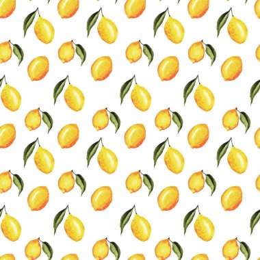 Suluboya Lemons Deseni Tekrarla, Kumaş Tekstil veya Duvar Kağıdı için Kusursuz Tasarım, İtalyan Düğünü için Bahar Tasarımı