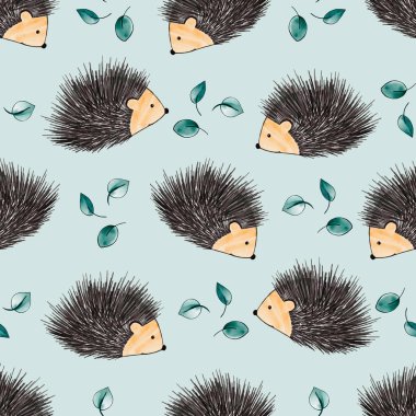 Yeşil Yapraklı Kirpiler, Ditsy Non Yönlü Kumaş Tekstil veya Çocuk Duvarları Tasarımı İçin Kusursuz Desen