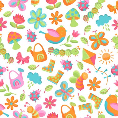 Spring Gardening Cute Colorful Vector Seamless Pattern with Cute Birds, Butterflies, Flowers, Ladybugs, and Garden Elements. Design for Kids Wallpaper and Textile Designs clipart