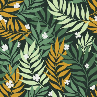 Klasik Yeşil ve Ocher Sarı Yapraklı Yapraksız Örtü, Canlı Egzotik Yapraklar, Modern Kalın Renkli Moda Kumaşı Tekstili veya Duvar Kağıdı Tasarımı