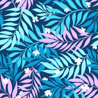 Pembe Mavi Tropikal Yaprak Vektörü Kusursuz Desen, Canlı Egzotik Yapraklar, Moda Kumaşı Tekstil veya Duvar Kağıdı Tasarımı İçin Modern Kalın Renk Kombinasyonu