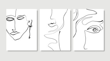 Siyah ve Beyaz Kadınsı Silüet Çizim Sanatı Posteri veya Yazdırma Vektörü Seti. Kısmi Kadın Yüzü ve Gözü Basitlik: Monoline, Contour ya da Moda Yazıcıları İçin Kadın Özeti