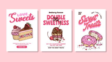 Pasta Donutlu Pembe Tatlı Tatlılar Tipo Posterleri, Eski moda Metin ve El yapımı Pastalar Renkli Pasta Kafe Sevgililer Günü Tanıtımı. Vektör Garip Coquette İllüstrasyonu