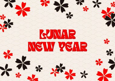 Japon Sakura Yeni Yıl Yatay Sancağı, Kırmızı ve Altın Geleneksel Vektör Tasarımı, Geometrik Modern Çiçekler, Çin Tatil İllüstrasyon Konsepti veya Tebrik Kartı