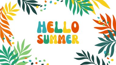 Merhaba Yaz Renkli Yapraklar Vektör Sancak Şablonu, Yaratıcı Başlıklar, Tanıtım ve Reklamlar İçin Tropikal Parti ile Şirin Oyuncak Mektuplar