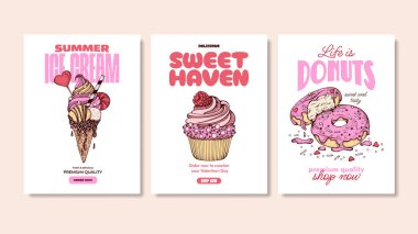 Pembe Yaz Tatlıları Tişört Tasarım Şablonları, Dondurma Çizimi, Pembe Çörekler ve Kek veya Kafe için Kek Çizim Elleri Posterleri